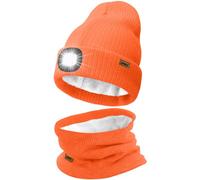 ATNKE LED Lighted Beanie Hat and Scarf Suit,USB Rechargeable 4 LED Running Headlamp Bright Cap with Light Winter Warm Lined Fleece Neck Gaiters and Knit Beany Gifts for Men and Women/Bright Orange