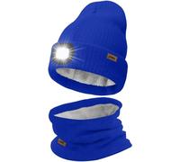 ATNKE LED Lighted Beanie Hat and Scarf Suit,USB Rechargeable 4 LED Running Headlamp Bright Cap with Light Winter Warm Lined Fleece Neck Gaiters and Knit Beany Gifts for Men and Women/Blue