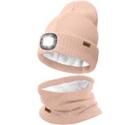 ATNKE LED Lighted Beanie Hat and Scarf Suit,USB Rechargeable 4 LED Running Headlamp Bright Cap with Light Winter Warm Lined Fleece Neck Gaiters and Knit Beany Gifts for Men and Women/Skin Pink