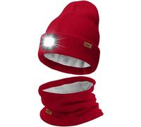 ATNKE LED Lighted Beanie Hat and Scarf Suit,USB Rechargeable 4 LED Running Headlamp Bright Cap with Light Winter Warm Lined Fleece Neck Gaiters and Knit Beany Gifts for Men and Women/Red