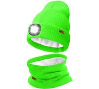 ATNKE LED Lighted Beanie Hat and Scarf Suit,USB Rechargeable 4 LED Running Headlamp Bright Cap with Light Winter Warm Lined Fleece Neck Gaiters and Knit Beany Gifts for Men and Women/Fluorescent Green