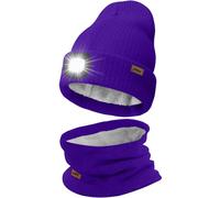ATNKE LED Lighted Beanie Hat and Scarf Suit,USB Rechargeable 4 LED Running Headlamp Bright Cap with Light Winter Warm Lined Fleece Neck Gaiters and Knit Beany Gifts for Men and Women/Purple