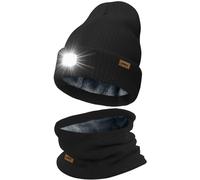 ATNKE LED Lighted Beanie Hat and Scarf Suit,USB Rechargeable 4 LED Running Headlamp Bright Cap with Light Winter Warm Lined Fleece Neck Gaiters and Knit Beany Gifts for Men and Women/Black