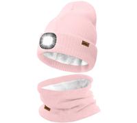 ATNKE LED Lighted Beanie Hat and Scarf Suit,USB Rechargeable 4 LED Running Headlamp Bright Cap with Light Winter Warm Lined Fleece Neck Gaiters and Knit Beany Gifts for Men and Women/Light Pink