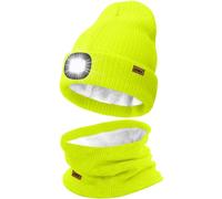 ATNKE LED Lighted Beanie Hat and Scarf Suit,USB Rechargeable 4 LED Running Headlamp Bright Cap with Light Winter Warm Lined Fleece Neck Gaiters and Knit Beany Gifts for Men and Women/FluorescentYellow