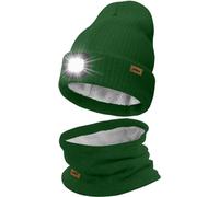 ATNKE LED Lighted Beanie Hat and Scarf Suit,USB Rechargeable 4 LED Running Headlamp Bright Cap with Light Winter Warm Lined Fleece Neck Gaiters and Knit Beany Gifts for Men and Women/Green