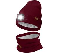 ATNKE LED Lighted Beanie Hat and Scarf Suit,USB Rechargeable 4 LED Running Headlamp Bright Cap with Light Winter Warm Lined Fleece Neck Gaiters and Knit Beany Gifts for Men and Women/Wine Red