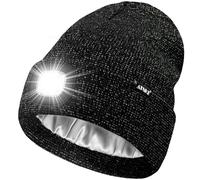 ATNKE LED Lighted Beanie Hat,USB Rechargeable 4 LED Running Headlamp Ultra Bright Cap with Light Hands Free Head Torch Winter Warm Satin Silk Lined Knit Beany Gifts for Men and Women/Black Goldwire