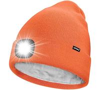 ATNKE LED Lighted Beanie Hat,USB Rechargeable 4 LED Running Headlamp Ultra Bright Cap with Light Hands Free Head Torch Winter Warm Lined Fleece Knit Beany Gifts for Men and Women/Bright Orange