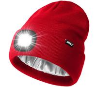 ATNKE LED Lighted Beanie Hat,USB Rechargeable 4 LED Running Headlamp Ultra Bright Cap with Light Hands Free Head Torch Winter Warm Satin Silk Lined Knit Beany Gifts for Men and Women/Red