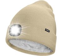 ATNKE LED Lighted Beanie Hat,USB Rechargeable 4 LED Running Headlamp Ultra Bright Cap with Light Hands Free Head Torch Winter Warm Lined Fleece Knit Beany Gifts for Men and Women/Beige