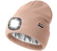 ATNKE LED Lighted Beanie Hat,USB Rechargeable 4 LED Running Headlamp Ultra Bright Cap with Light Hands Free Head Torch Winter Warm Satin Silk Lined Knit Beany Gifts for Men and Women/Skin Pink