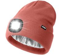 ATNKE LED Lighted Beanie Hat,USB Rechargeable 4 LED Running Headlamp Ultra Bright Cap with Light Hands Free Head Torch Winter Warm Satin Silk Lined Knit Beany Gifts for Men and Women/Bean Paste Powder