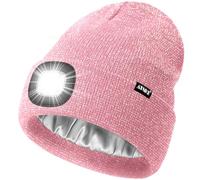 ATNKE LED Lighted Beanie Hat,USB Rechargeable 4 LED Running Headlamp Ultra Bright Cap with Light Hands Free Head Torch Winter Warm Satin Silk Lined Knit Beany Gifts for Men and Women/Pink Goldwire