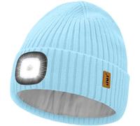 ATNKE LED Lighted Beanie Hat,USB Rechargeable 4 LED Ultra Bright Running Headlamp Hands Free Head Torch Cap with Light Winter Warm Fleece Lined Knit Beany Gifts for Men and Women/Light Blue