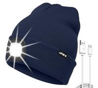 ATNKE LED Lighted Beanie Hat, USB Type C Rechargeable 4 LED Running Headlamp Ultra Bright Cap with Light Hands Free Head Torch Winter Warm Knit Beany Gifts for Men and Women/Light Navy Blue