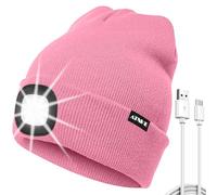 ATNKE LED Lighted Beanie Hat, USB Type C Rechargeable 4 LED Running Headlamp Ultra Bright Cap with Light Hands Free Head Torch Winter Warm Knit Beany Gifts for Men and Women/Pink