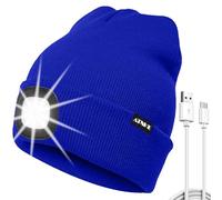 ATNKE LED Lighted Beanie Hat, USB Type C Rechargeable 4 LED Running Headlamp Ultra Bright Cap with Light Hands Free Head Torch Winter Warm Knit Beany Gifts for Men and Women/Blue