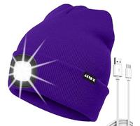 ATNKE LED Lighted Beanie Hat, USB Type C Rechargeable 4 LED Running Headlamp Ultra Bright Cap with Light Hands Free Head Torch Winter Warm Knit Beany Gifts for Men and Women/Purple