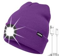 ATNKE LED Lighted Beanie Hat, USB Type C Rechargeable 4 LED Running Headlamp Ultra Bright Cap with Light Hands Free Head Torch Winter Warm Knit Beany Gifts for Men and Women/Inner Purple