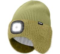 ATNKE LED Lighted Beanie Hat with Earflap, USB Rechargeable 4 LED Hands Free Head Torch Running Headlamp Cap with Light Winter Warm Fleece Lined Knit Beany Gifts for Men and Women/Army Green