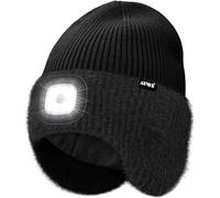 ATNKE LED Lighted Beanie Hat with Earflap, USB Rechargeable 4 LED Hands Free Head Torch Running Headlamp Cap with Light Winter Warm Fleece Lined Knit Beany Gifts for Men and Women/Black