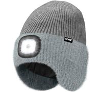 ATNKE LED Lighted Beanie Hat with Earflap, USB Rechargeable 4 LED Hands Free Head Torch Running Headlamp Cap with Light Winter Warm Fleece Lined Knit Beany Gifts for Men and Women/Limestone Gray