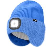 ATNKE LED Lighted Beanie Hat with Earflap, USB Rechargeable 4 LED Hands Free Head Torch Running Headlamp Cap with Light Winter Warm Fleece Lined Knit Beany Gifts for Men and Women/Magnolia Blue