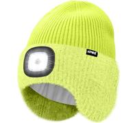 ATNKE LED Lighted Beanie Hat with Earflap, USB Rechargeable 4 LED Hands Free Head Torch Running Headlamp Cap with Light Winter Warm Fleece Lined Knit Beany Gifts for Men and Women/Fluorescent Yellow