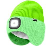 ATNKE LED Lighted Beanie Hat with Earflap, USB Rechargeable 4 LED Hands Free Head Torch Running Headlamp Cap with Light Winter Warm Fleece Lined Knit Beany Gifts for Men and Women/Fluorescent Green