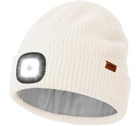ATNKE LED Lighted Beanie Hat with Lined Fleece, USB Rechargeable 4 LED Running Headlamp Ultra Bright Hands Free Head Torch Winter Warm Wooly Knit Skull Cap Gifts for Men and Women/Snow Beige