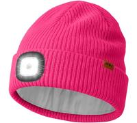 ATNKE LED Lighted Beanie Hat with Lined Fleece, USB Rechargeable 4 LED Running Headlamp Ultra Bright Hands Free Head Torch Winter Warm Wooly Knit Skull Cap Gifts for Men and Women/Rose Red
