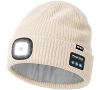 ATNKE LED Lighted Bluetooth Beanie Cap,USB Rechargeable 4 LED Wireless Musical Running Hands Free Headlamp Winter Warm Knitted Hat with Lined Fleece Gifts for Men Dad and Women/Beige