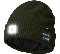 ATNKE LED Lighted Bluetooth Beanie Cap,USB Rechargeable 4 LED Wireless Musical Running Hands Free Headlamp Winter Warm Knitted Hat with Lined Fleece Gifts for Men Dad and Women/Dark Army Green
