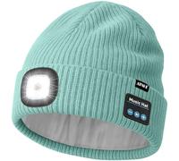 ATNKE LED Lighted Bluetooth Beanie Cap,USB Rechargeable 4 LED Wireless Musical Running Hands Free Headlamp Winter Warm Knitted Hat with Lined Fleece Gifts for Men Dad and Women/Bud Green