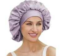 ATNKE Silk Bonnet for Sleeping Women Soft Double Layer Satin Lined Silk Hair Wrap Night Sleep Cap with Elastic Band for Long Jumbo Curly Braids Natural Hair/Lavender Purple