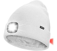 ATNKE Unisex 8 LED Lighted Beanie Hat,USB Rechargeable Red Glow Flashing Alarm Tail Light Running Headlamp Bright Cap with Head Torch Winter Warm Lined Fleece Gifts for Men and Women/White