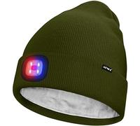 ATNKE Unisex LED Lighted Beanie Hat,USB Rechargeable 4 LED Red and Blue Glow Flashing Running Headlamp Ultra Bright Cap with Head Torch Winter Warm Lined Fleece Gifts for Men and Women/Army Green
