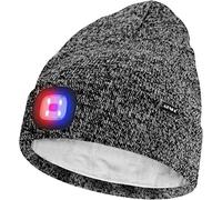 ATNKE Unisex LED Lighted Beanie Hat,USB Rechargeable 4 LED Red and Blue Glow Flashing Running Headlamp Ultra Bright Cap with Head Torch Winter Warm Lined Fleece Gifts for Men and Women/Black White