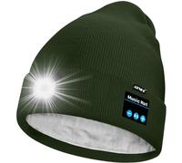 ATNKE Unisex LED Lighted Bluetooth Beanie Hat,USB Rechargeable 4 LED Running Headlamp Ultra Bright Music Speaker Cap with Head Torch Winter Warm Lined Fleece Gifts for Men and Women/Dark Army Green