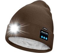 ATNKE Unisex LED Lighted Bluetooth Beanie Hat,USB Rechargeable 4 LED Running Headlamp Ultra Bright Music Speaker Cap with Head Torch Winter Warm Lined Fleece Gifts for Men and Women/Coffee