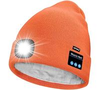 ATNKE Unisex LED Lighted Bluetooth Beanie Hat,USB Rechargeable 4 LED Running Headlamp Ultra Bright Music Speaker Cap with Head Torch Winter Warm Lined Fleece Gifts for Men and Women/Bright Orange