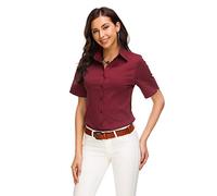 Atnlewhi Womens Basic Button Down Shirts Short Sleeve Cotton Simple Stretch Formal Casual Blouse, Wine Red, XXL