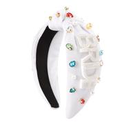Atoden Bride Headband Bridal Shower Headpiece with Beads Pearl Rhinestone Knotted Wide Top Knot Embellished Headband Bachelorette Party Accessories Wedding Engagement Gifts (White)