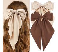 Atoden Hair Bows Silky Satin Bow for Hair 2Pcs Large Hair Ribbon Big Bowknot Hair Accessories for Women (Khaki Brown)
