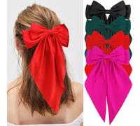 Atoden Hair Bows Silky Satin Bow for Hair 4 Packs Large Hair Ribbon Big Bowknot Hair Accessories for Women (Red Green Hot Pink Black)