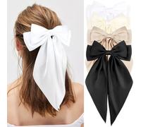Atoden Hair Bows Silky Satin Bow for Hair 4 Packs Large Hair Ribbon Big Bowknot Hair Accessories for Women (White Beige Khaki Black)
