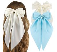 ATODEN Silky Satin Hair Bow 2Pcs Beige Blue Big Hair Bows Hair Ribbons Oversized Long Tail Bow Hair Clips Large Hair Ribbon Barrettes Metal Clips Bowknot Aesthetic Hair Accessories for Women Girls