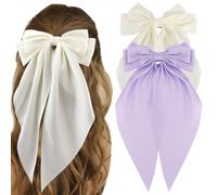 ATODEN Silky Satin Hair Bow 2Pcs Beige Purple Big Hair Bows for Women Hair Ribbons Oversized Long Tail Bow Hair Clips Large Hair Ribbon Barrettes Metal Clips Bowknot Aesthetic Girls Hair Accessories