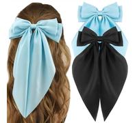 ATODEN Silky Satin Hair Bow Blue Black 2Pcs Big Hair Bows for Women Hair Ribbons Oversized Long Tail Bow Hair Clips Large Hair Ribbon Barrettes Metal Clips Bowknot Aesthetic Girls Hair Accessories